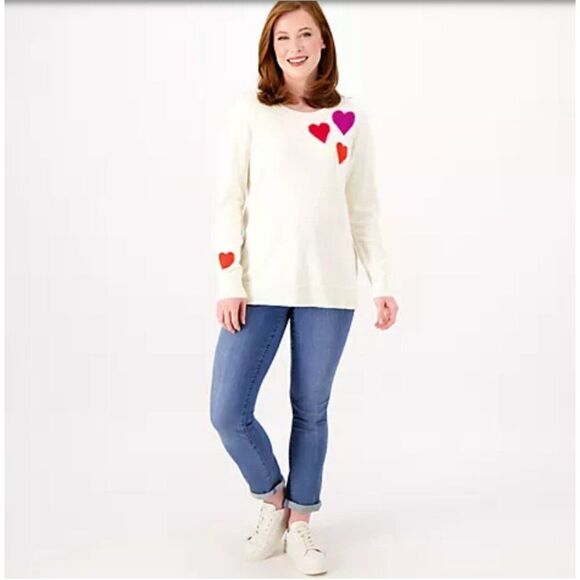 Belle by Kim Gravel Women Sweater Top ~sz M Desire Hearts Black Pink Red A568882 - Picture 3 of 6